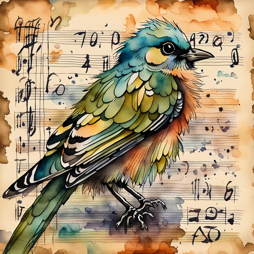 Exotic Bird on Ledger Page in Watercolor Style