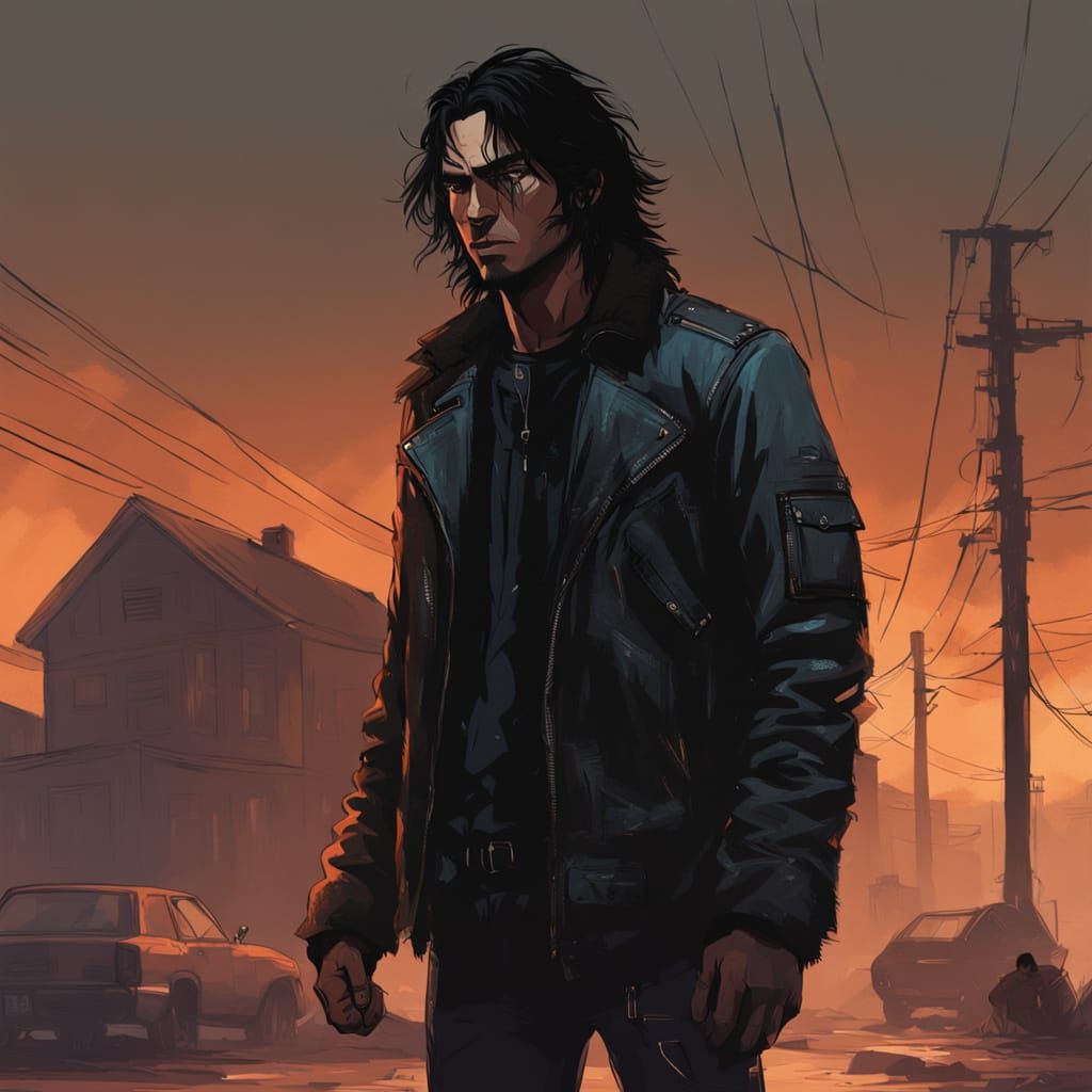 Cyberpunk Hero in Leather Jacket, Dark Hair and Swarthy Skin