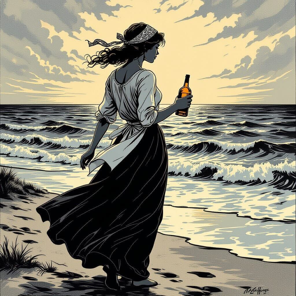 Windswept Woman with Whiskey, in Woodcut Style