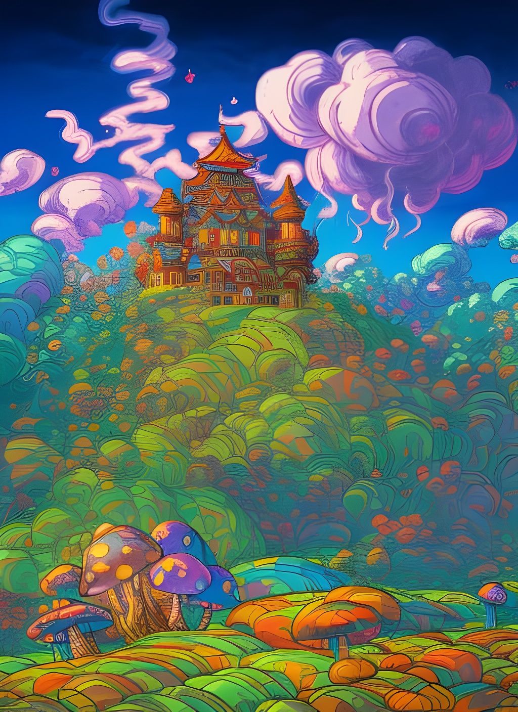 Whimsical Cartoon Castle Landscape in Maximalist Style