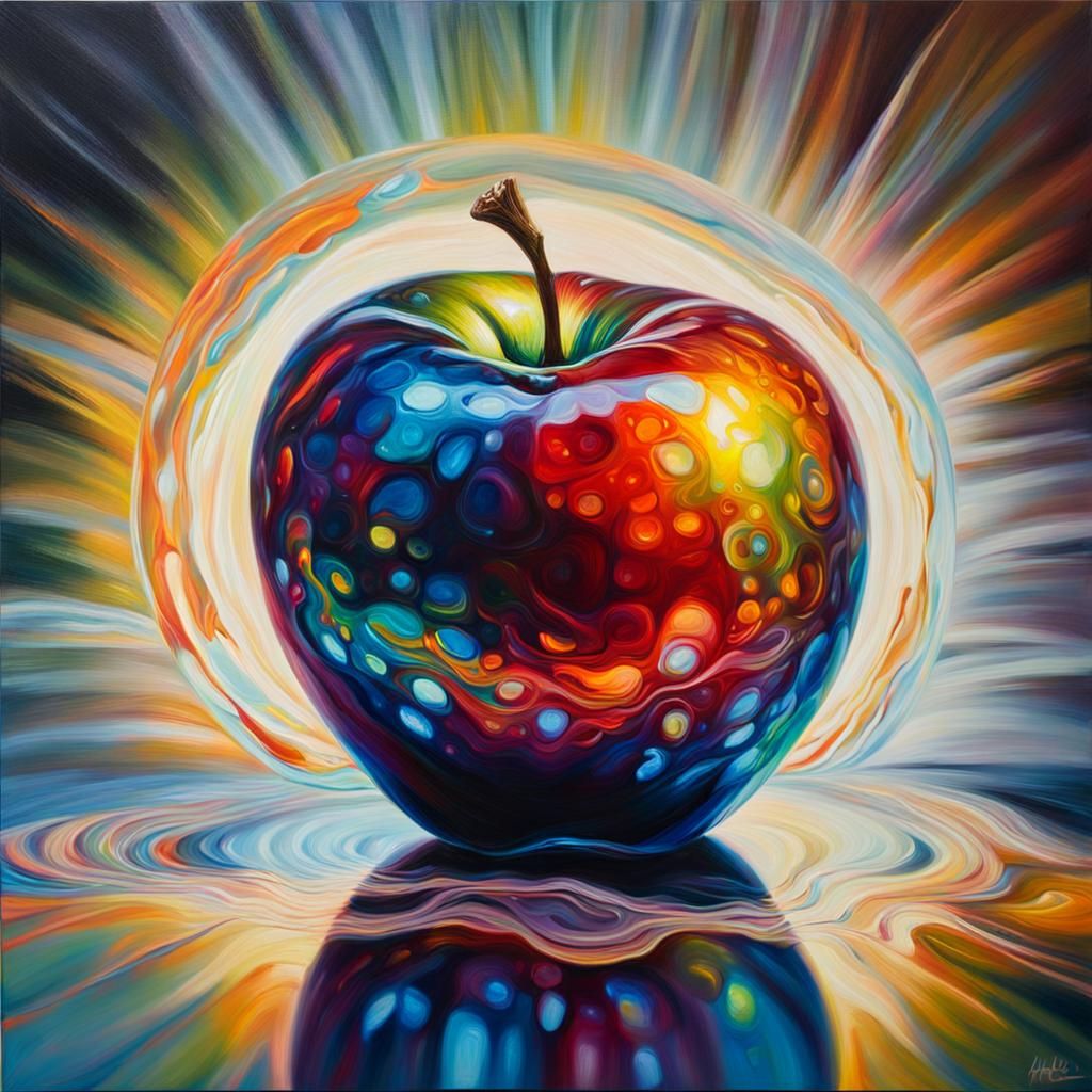 Glowing Glass Apple: Vibrant Oil Painting