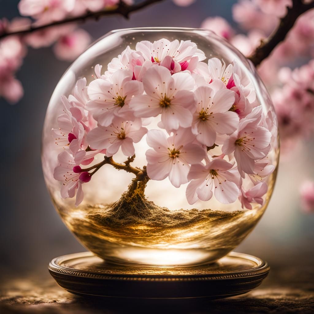 Cherry Blossoms in Golden Apple: Ethereal Fantasy Art