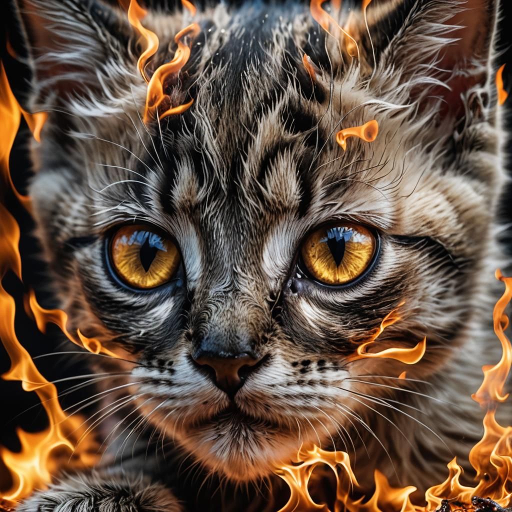 Fiery Kitten: Hyperrealistic Close-Up in Flame