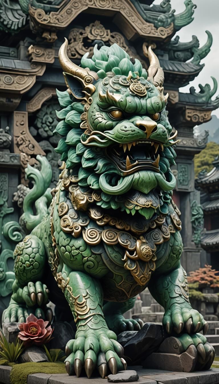 Detailed Jade Komainu Statue in Fantasy Art Style