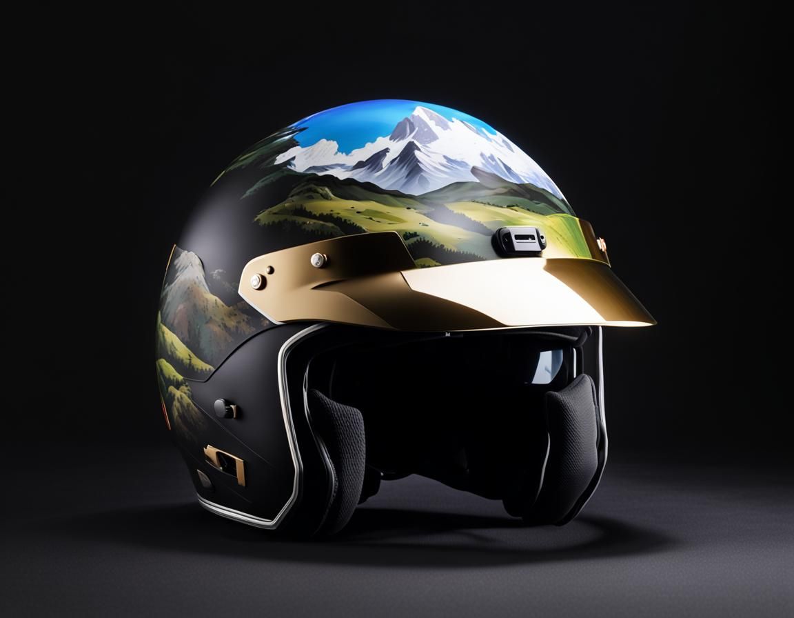 Motorcycle Helmet Painted with Impressionist Landscape