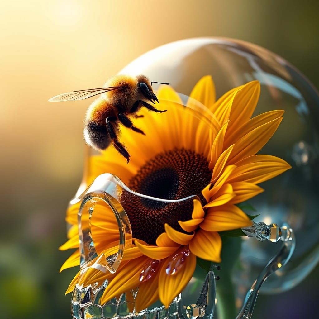 Glowing Bumble Bee Amidst Crystal Skull and Sunflower