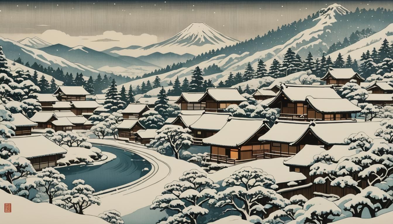 Winter Village Scene in Ukiyo-e Style