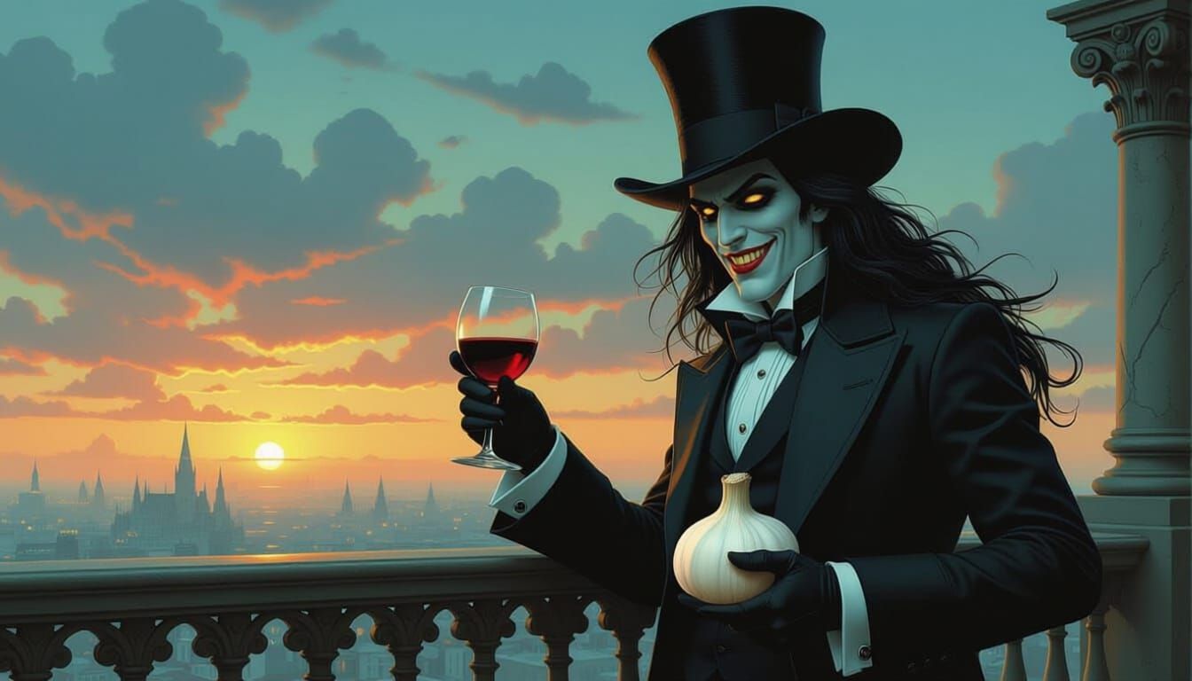 Vampire on Balcony with Wine and Banana