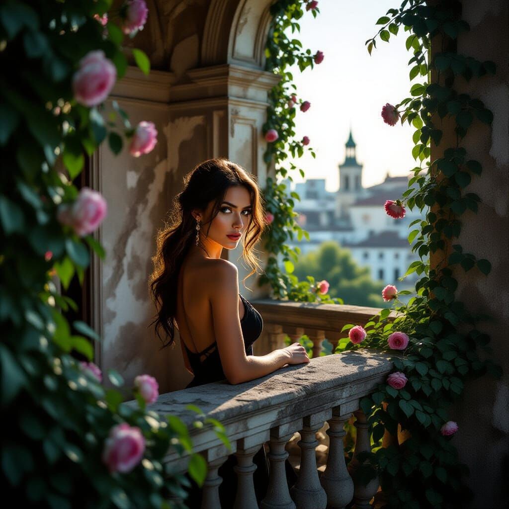 Sensual Woman on Ruined Balcony Overlooking Romantic Citysca...