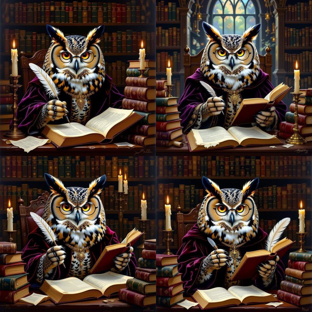 Hyperdetailed Owl Scholar in Cozy Library