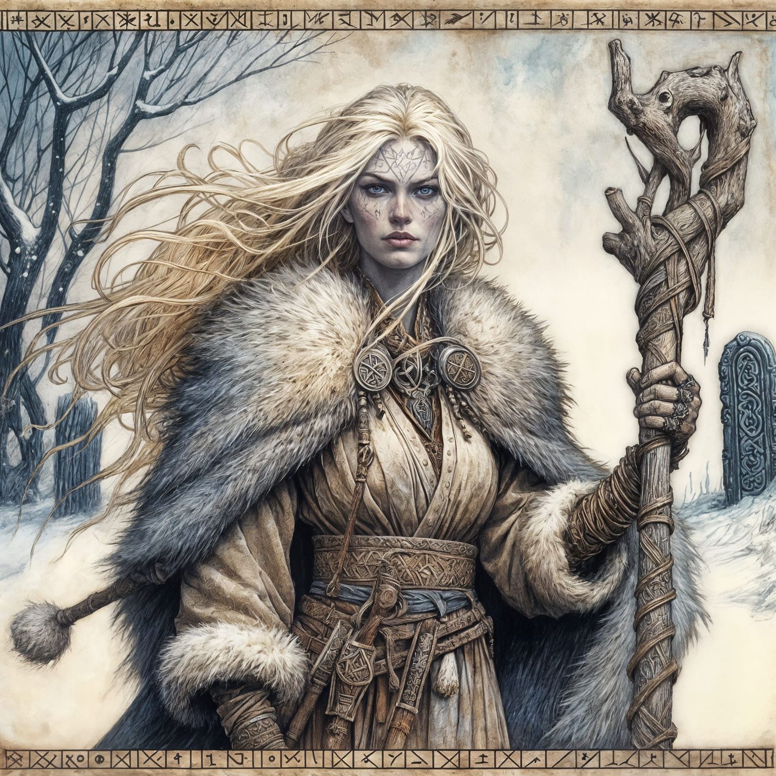 Mystical Norse Sorceress in Winter Landscape