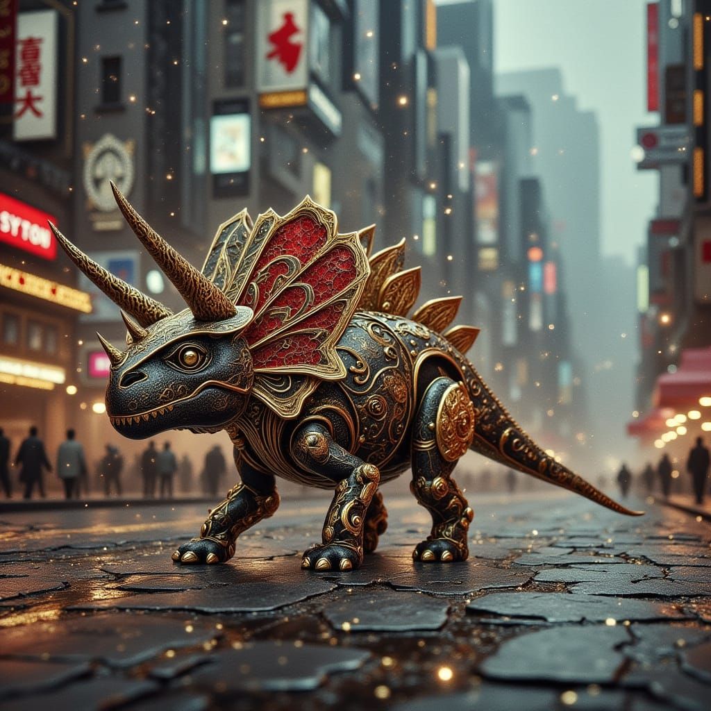 Steampunk Baby Triceratops Rides Retro-Futuristic City