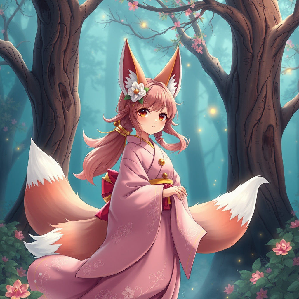 anime kitsune girl with fox ears and nine fluffy tails