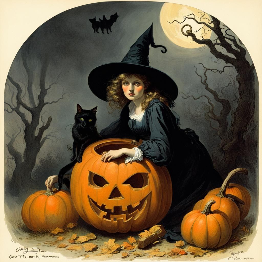 Halloween Witch with Black Cat and Pumpkin