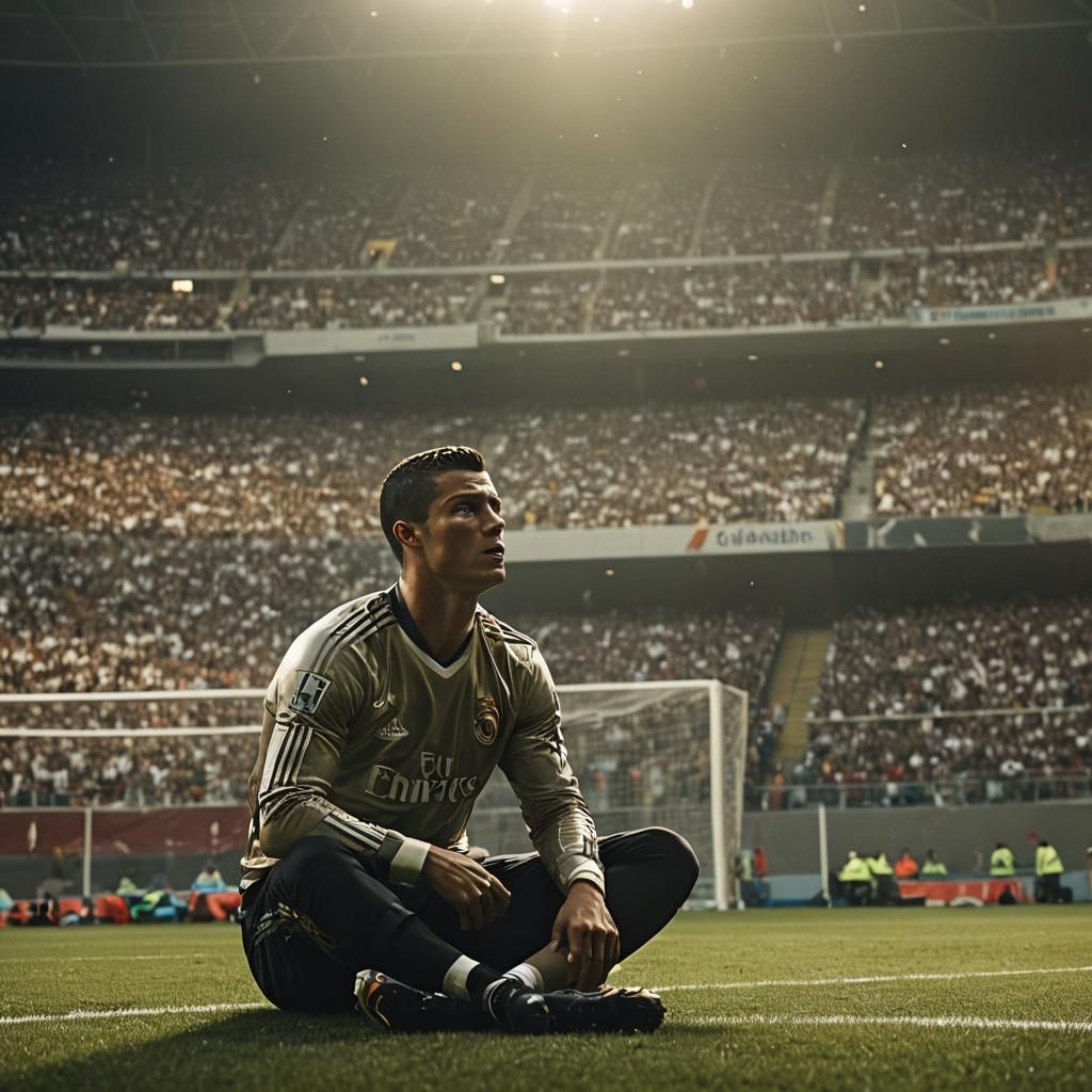 Dramatic Film Still: Man Lies on Stadium Field