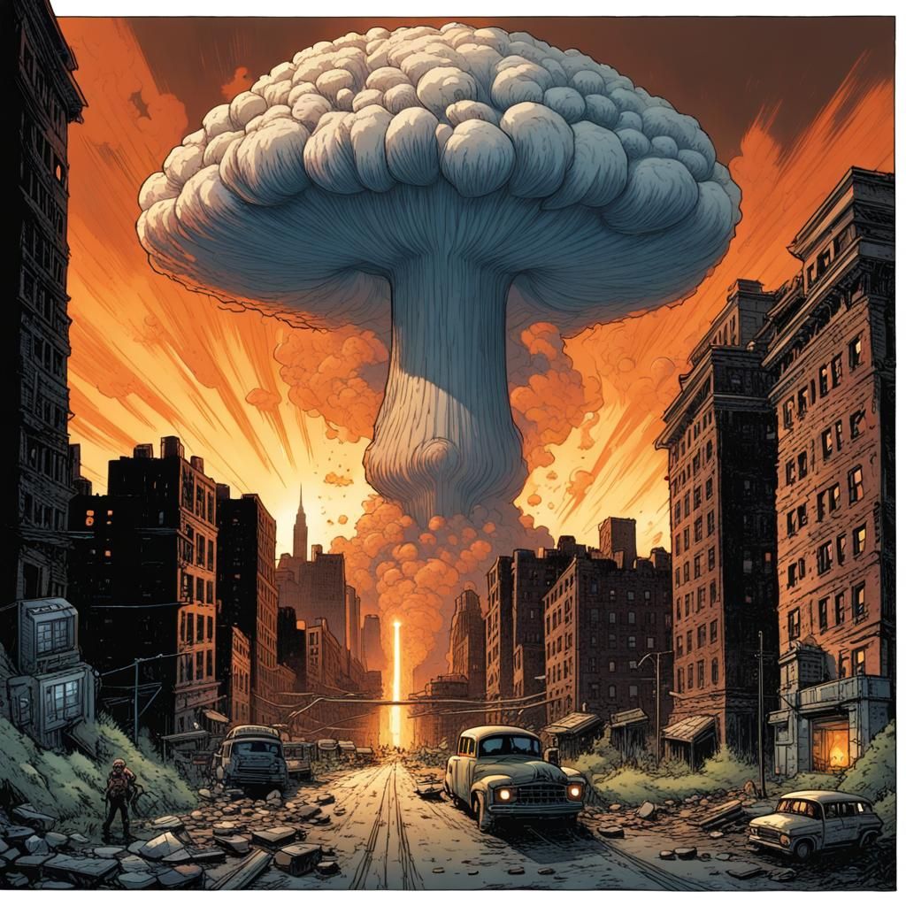 Nuclear Explosion over Ruined City: Comic Book Art