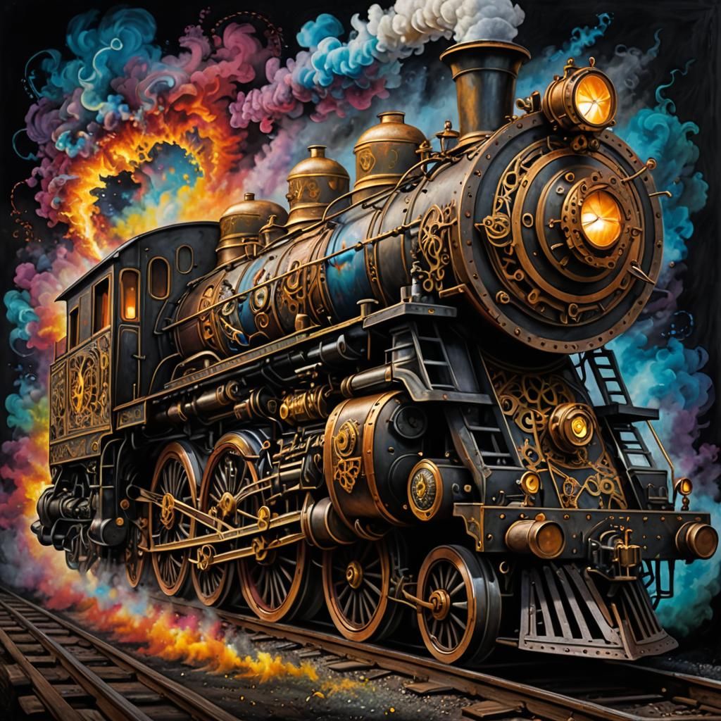 Abstract Steampunk Locomotive in Chalk Art Style