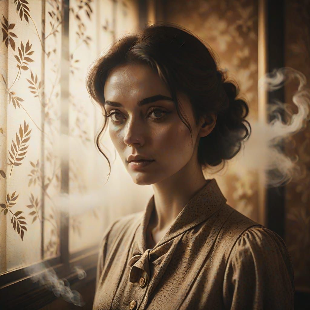 Gentle Woman Shrouded in Fog, Soft Focus Vintage Portrait