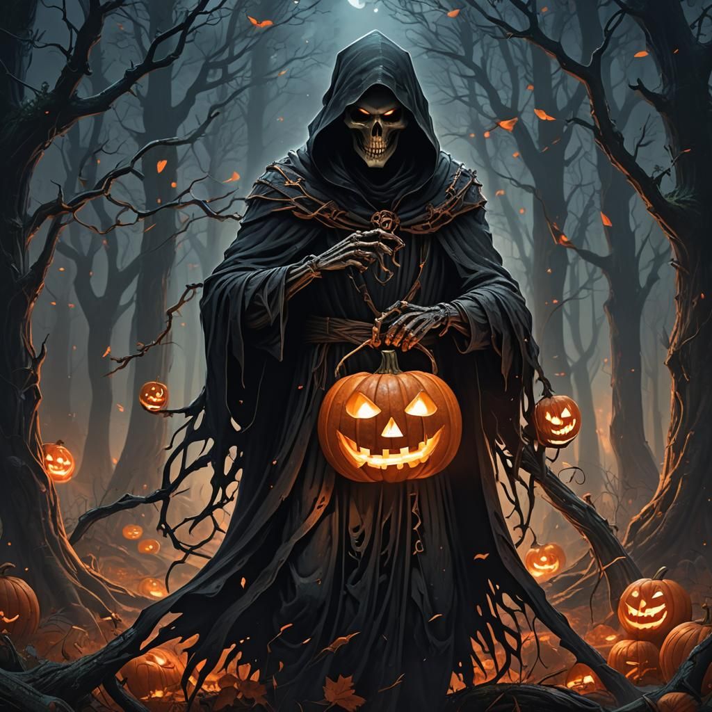 Grim Reaper with Jack-o-Lantern in Dark Forest