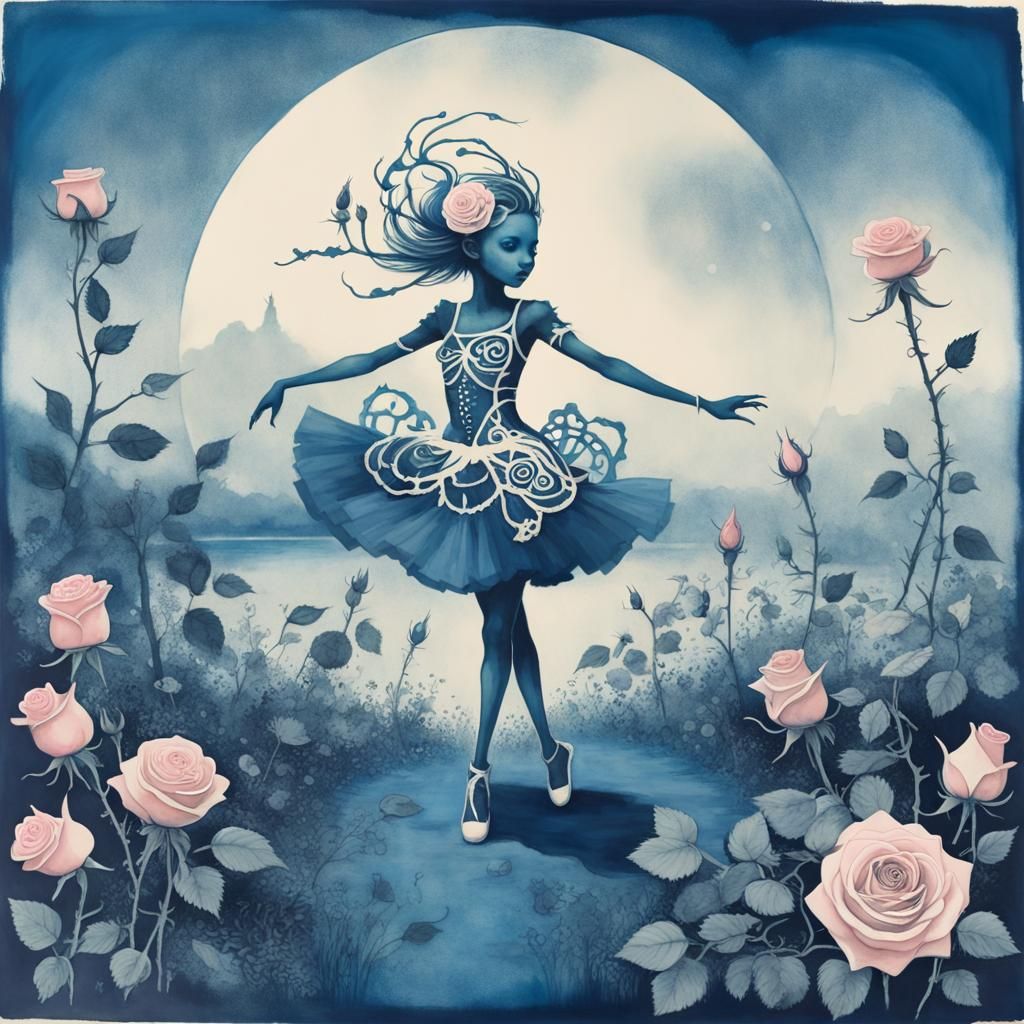 Ethereal Cyanotype Landscape with Punk Dancer