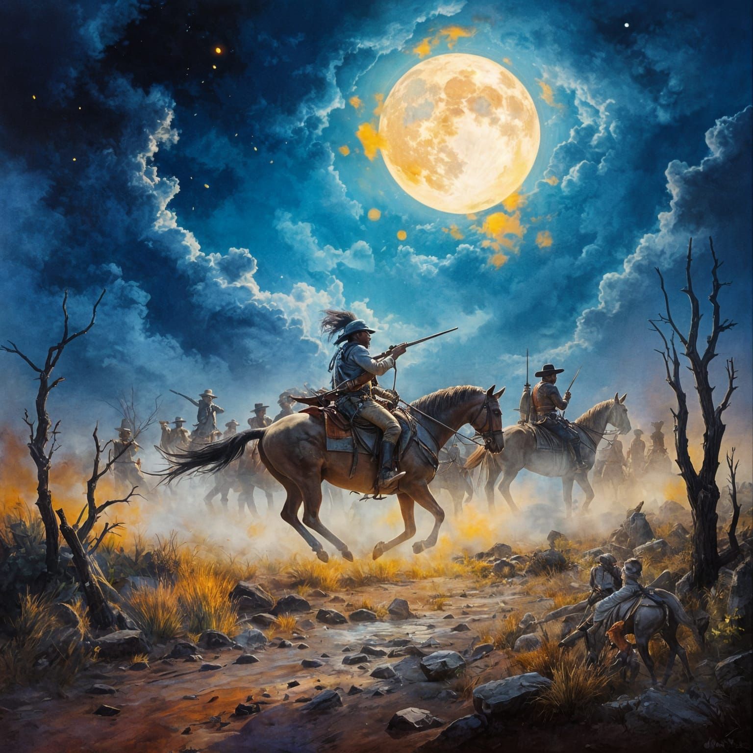 Wild West Comanche War Party in Gouache Style