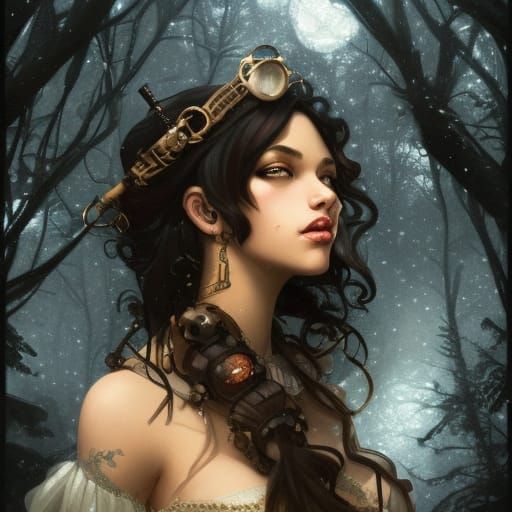 Steampunk Woman Portrait in Snowy Forest, Digital Art