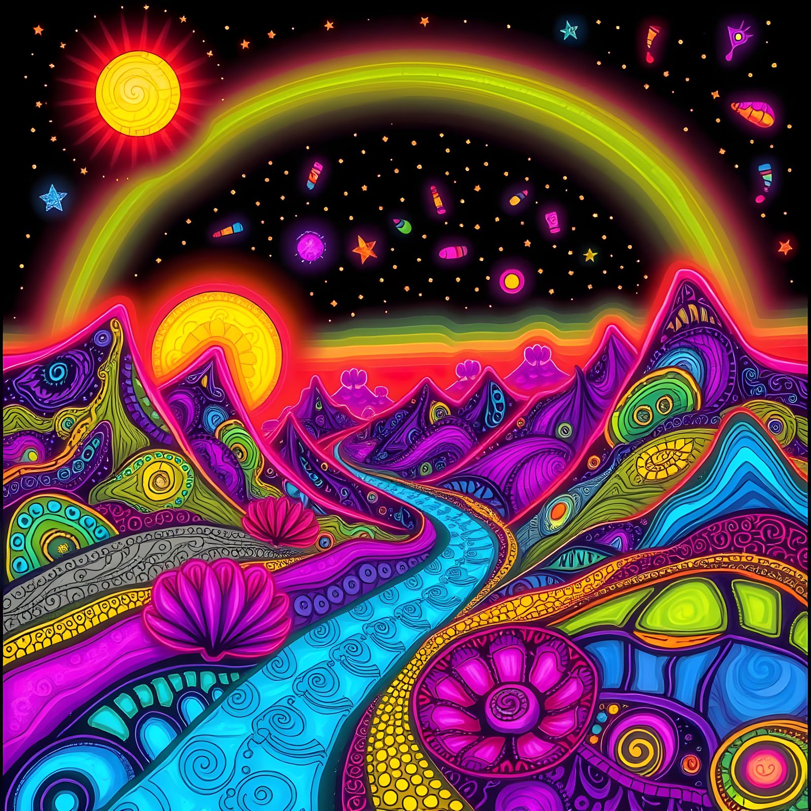 Whimsical Fractal Landscape in Neon Zentangle Style