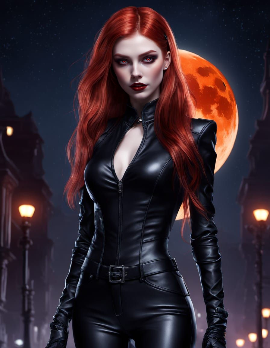 Redhead Vampire Lady in Neon Park, Digital Illustration