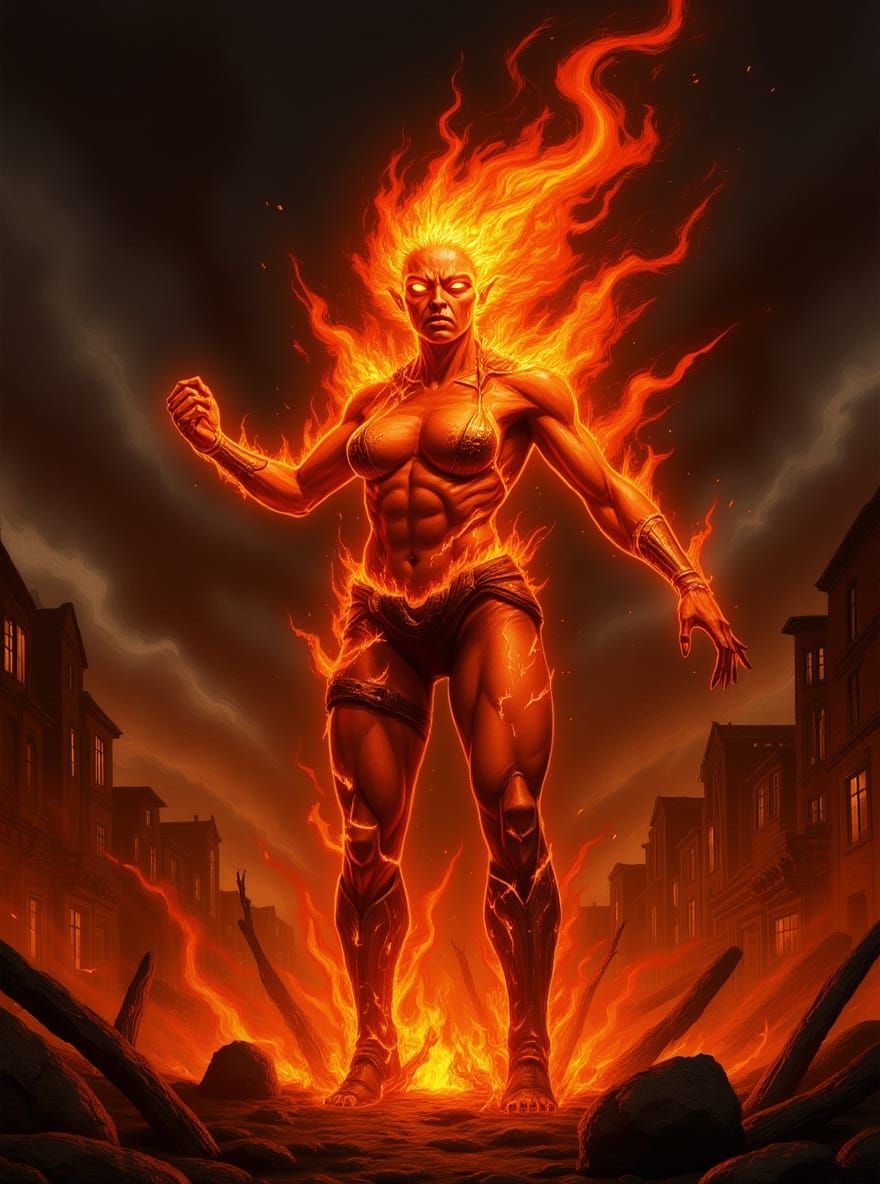 Fiery Elemental Woman Unleashing Chaos in Cityscape