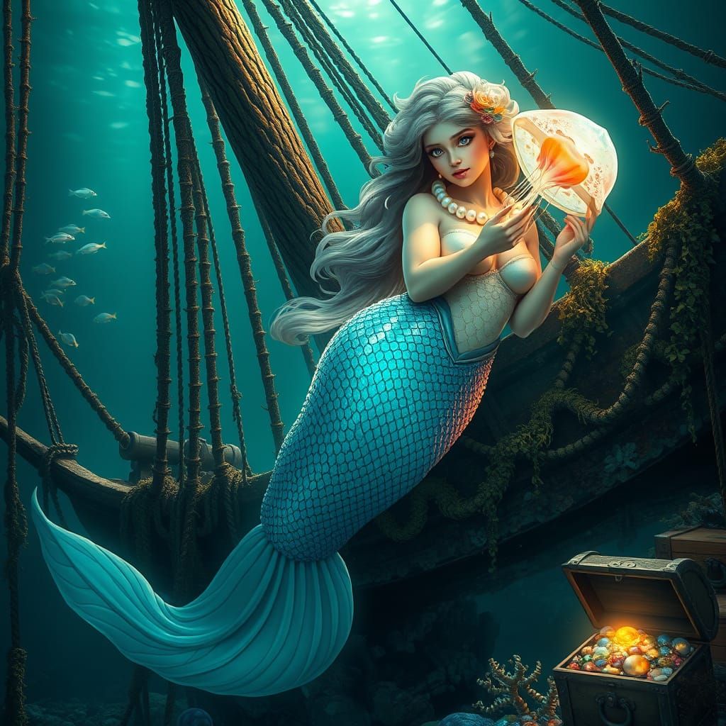 Majestic Mermaid in Sunken Pirate Ship Wreackage