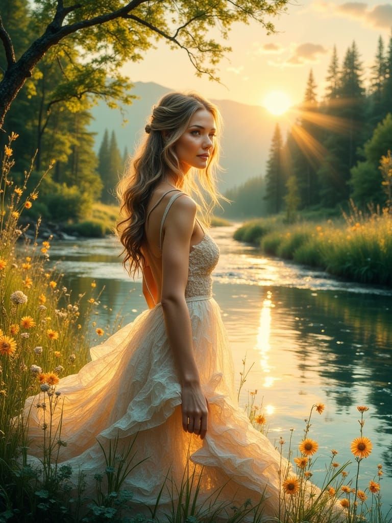Woman by Serene River at Golden Hour