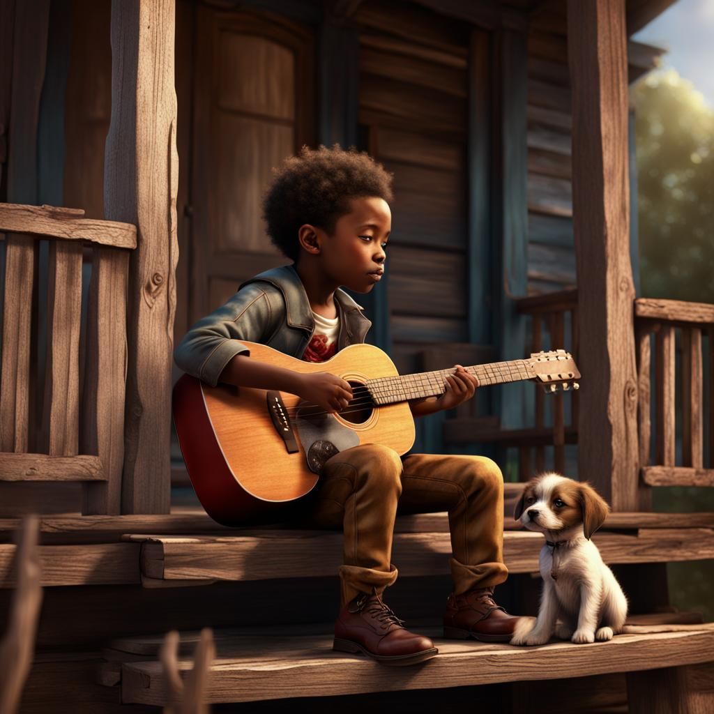 Little boy sitting on old wooden porch playing a guitar, his...