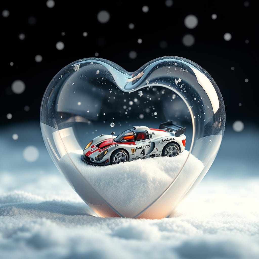 Glass Heart with Snow and Racing Car