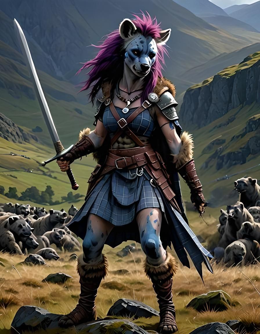 Feminine Hyena Warrior in Scottish Highlands