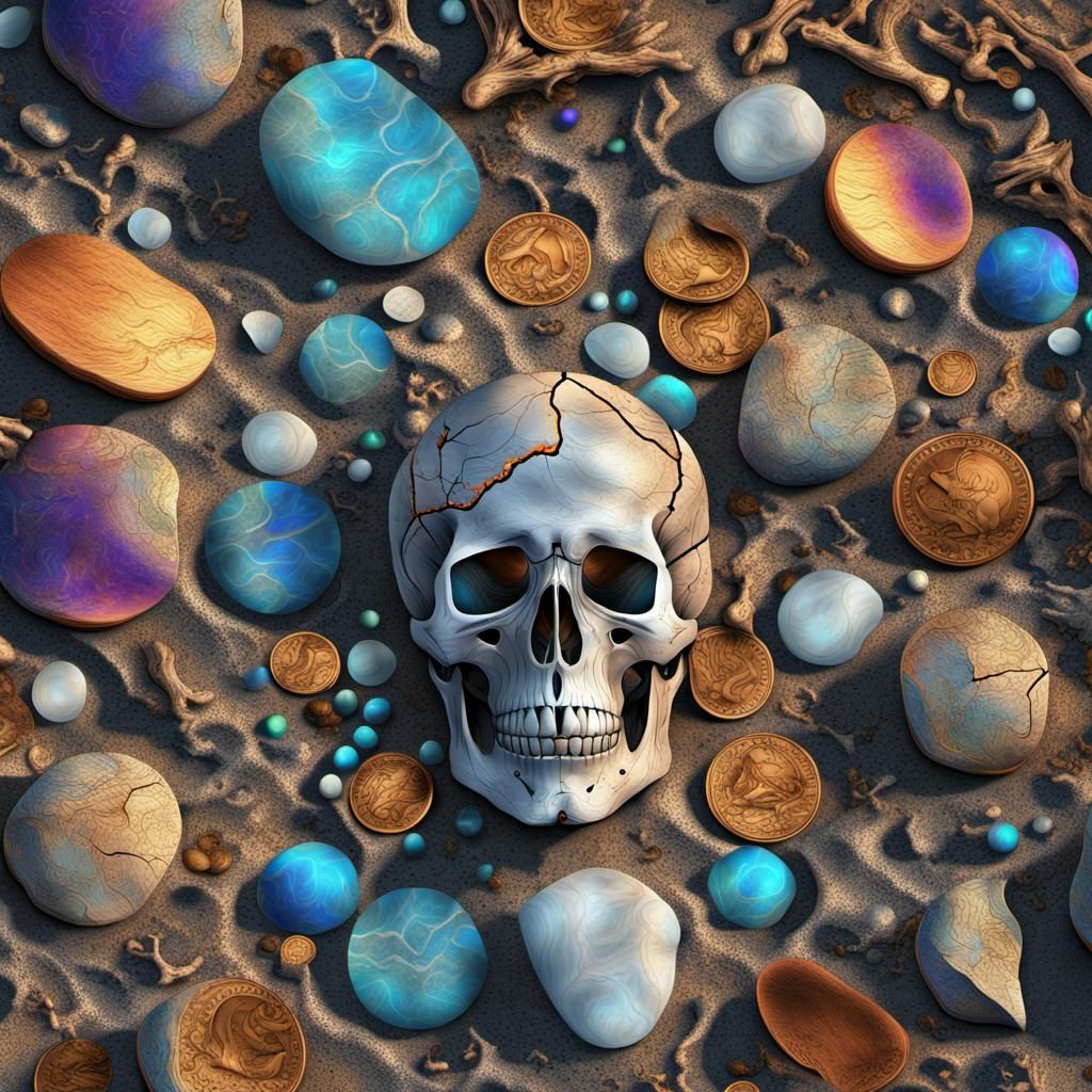 Surreal Skull on Beach with Gold Coins