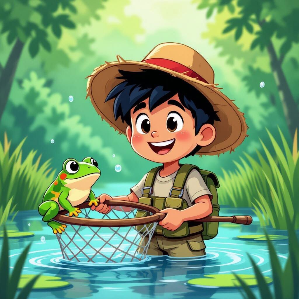 Boy Catches Colorful Frog in Cartoon Network Style