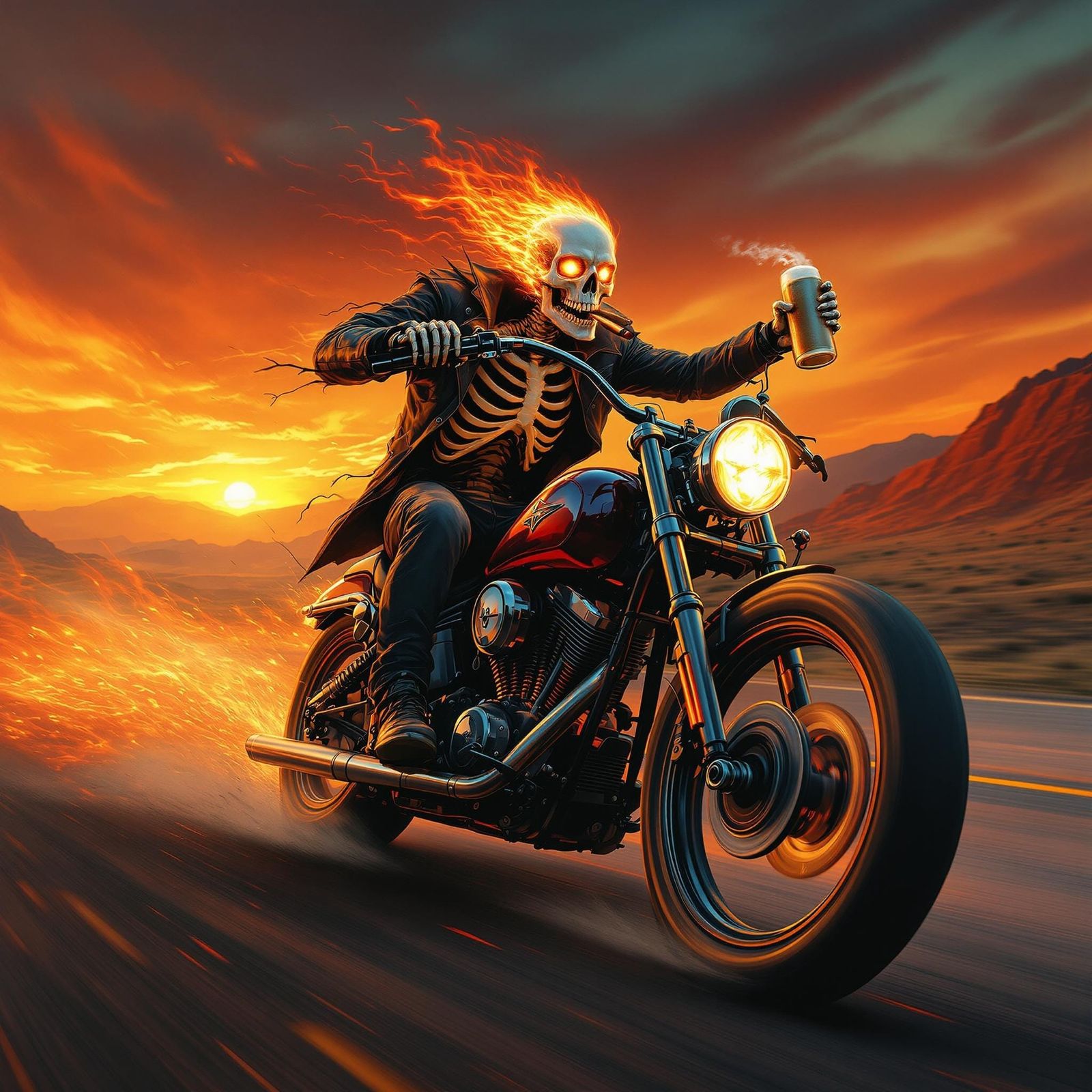 Ghost Rider on Chrome Bike in Hellish Landscape