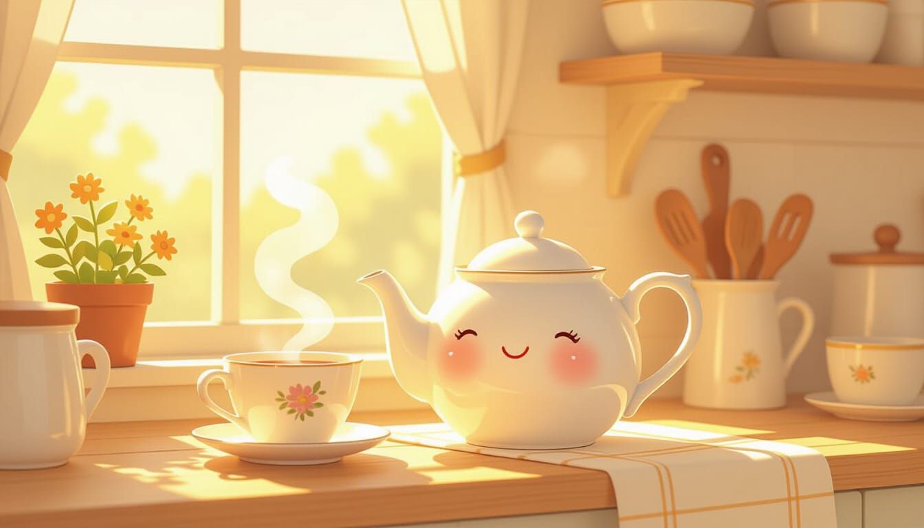 Smiling Teapot Serves Tea in Cozy Kitchen