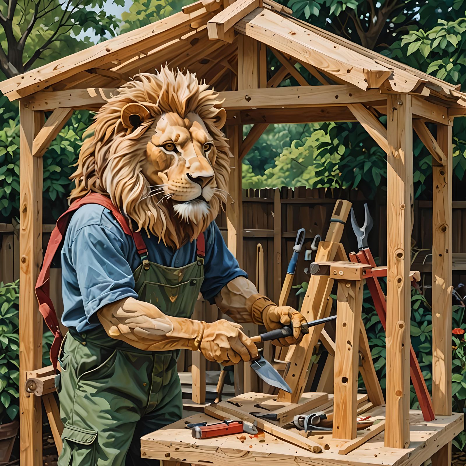 Lion Carpenter Builds Gazebo: Abstract Art in Vivid Colors