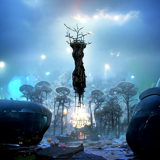 Solar-Punk Restaurant on Giant Tree, Dark Fantasy Art