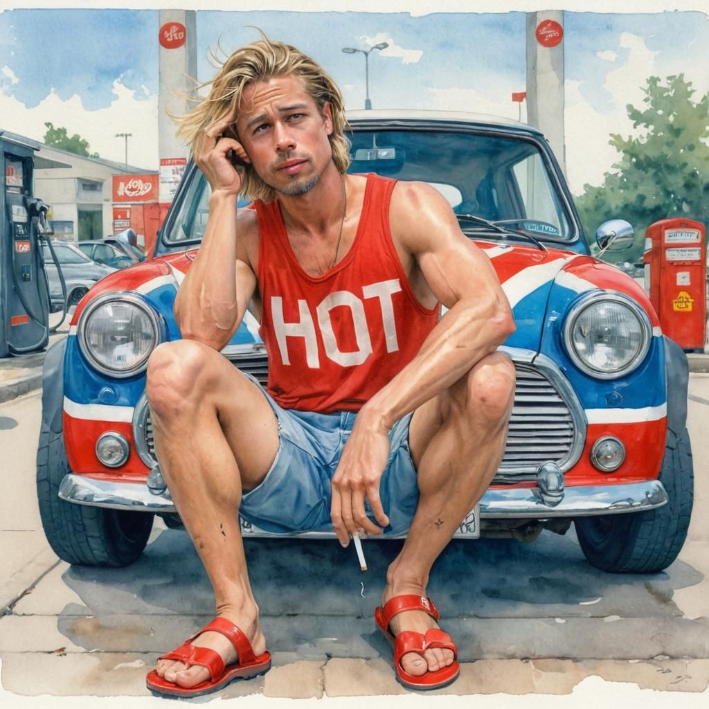 Full body shot of Brad Pitt, age 25, long flowing light blon...