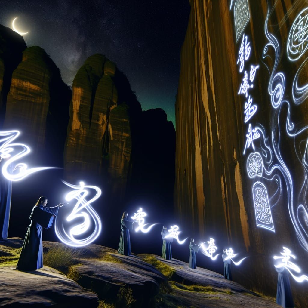Magical Calligraphy on a Cliff at Night