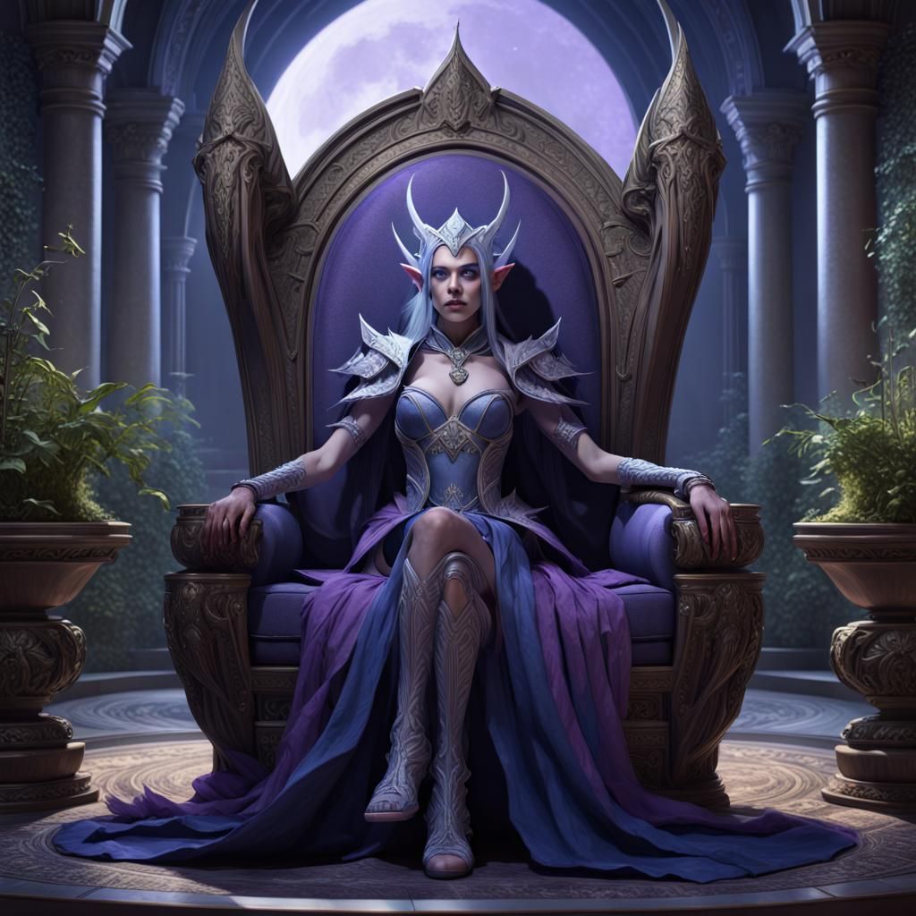 Moon Elf Queen in Garden Palace, Digital Art