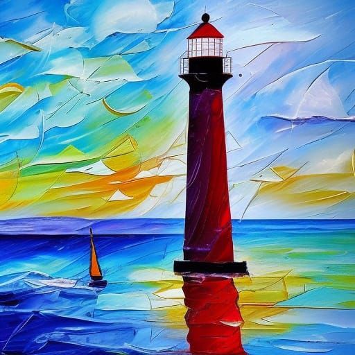 Lighthouse and Sailboat in Expressionist Impasto Style