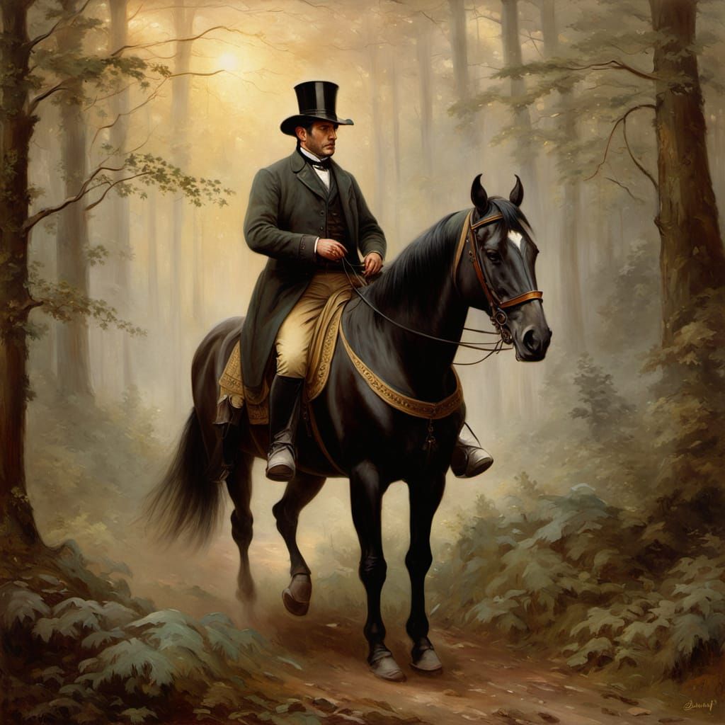 Elegant Victorian Gentleman Rides Horse Through Misty Forest...