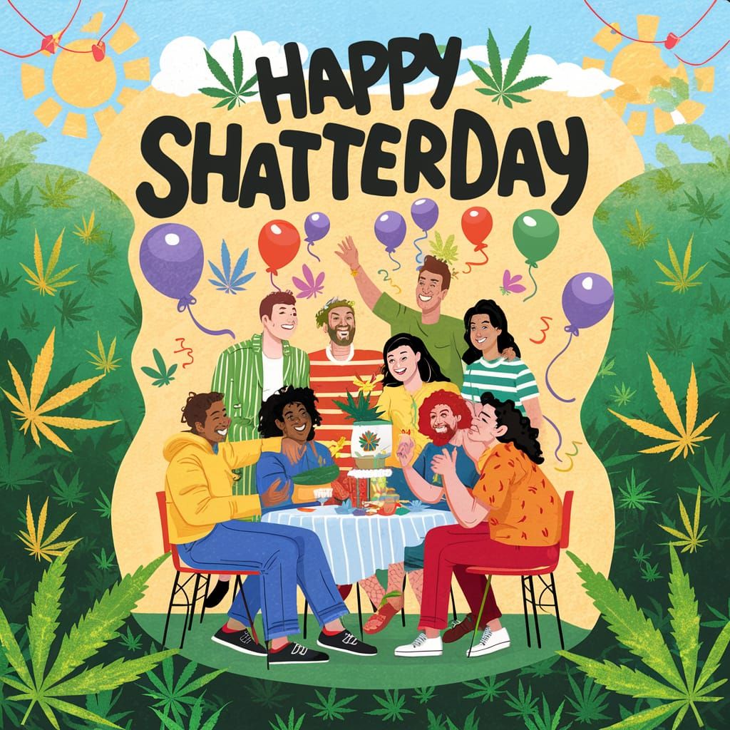 Friends Celebrate Happy Shatterday with Weed Leaf Background