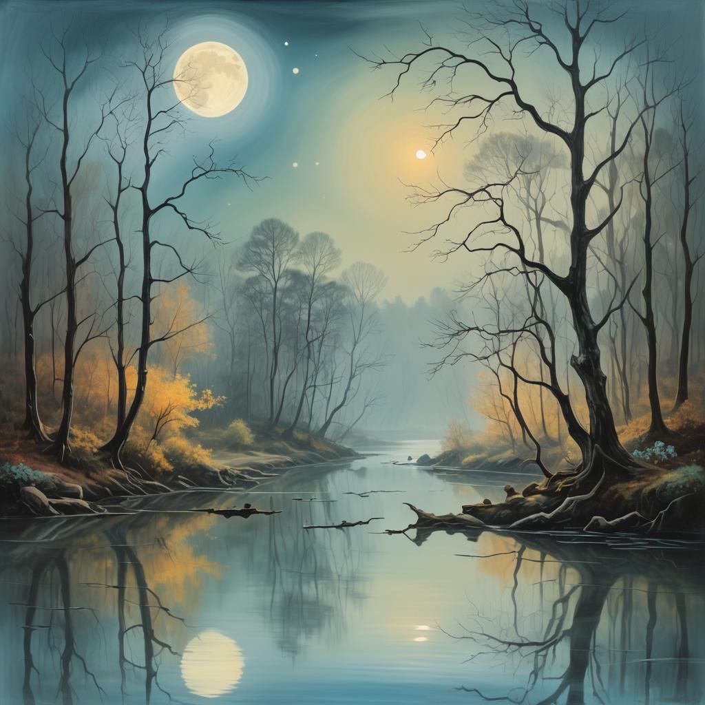 Surreal Moonlit River Landscape in Romanticism Style