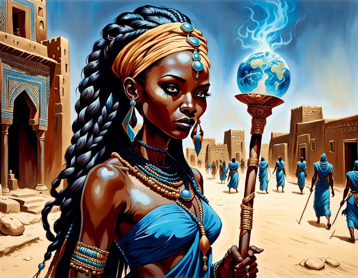 African Sorceress Visiting Ancient Timbuktu as Oil Painting
