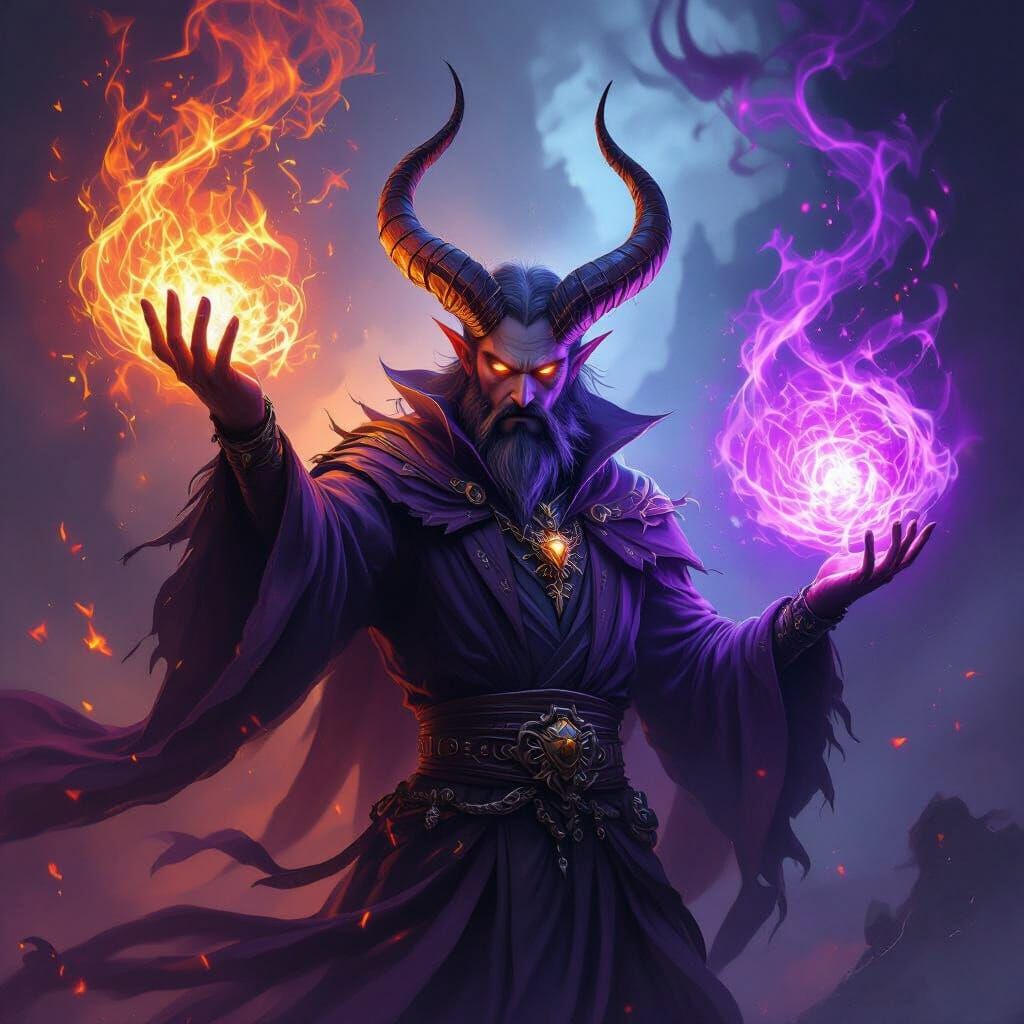 Sorcerer Summons Fiery Purple Magic with Glowing Horns