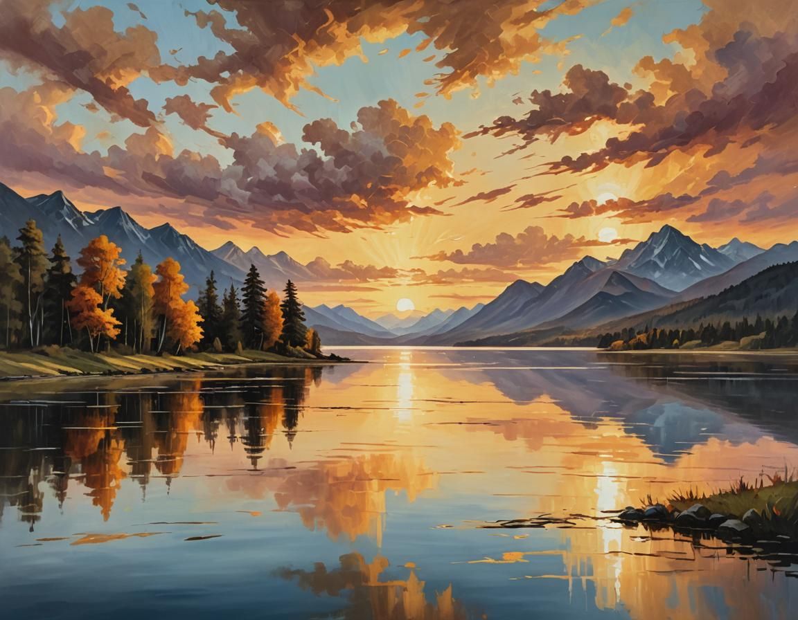 Serene Landscape in Warm Light as Oil Painting